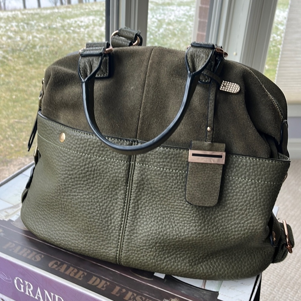 MODA LUXE Olive Green Suede Leather Multi Way USE Crossbody Satchel HOBO